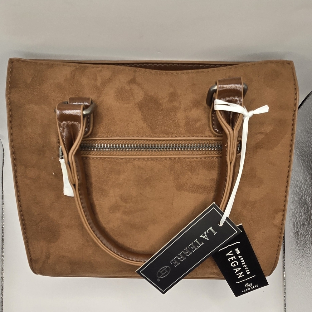 NWT La Terre Brown Vegan Suede Tote Bag Structured Satchel.